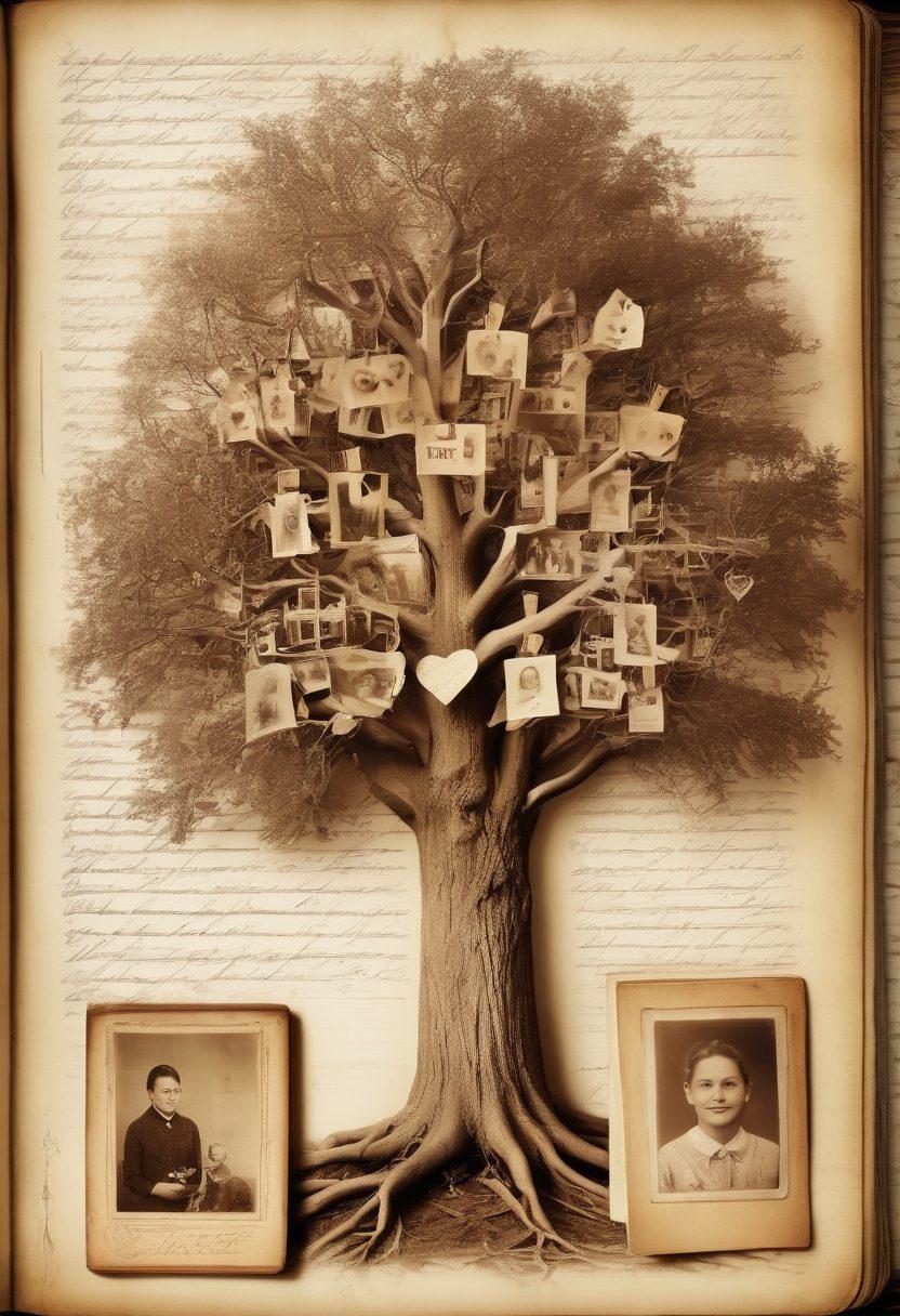 A vintage, sepia-toned image of a family tree, with detailed roots that depict old artifacts and faded family photos. In the background, ghostly figures of ancestors smiling and engaging in everyday activities. An old, handwritten diary with a heart symbol is prominently placed. painting. soft light. warm tones.