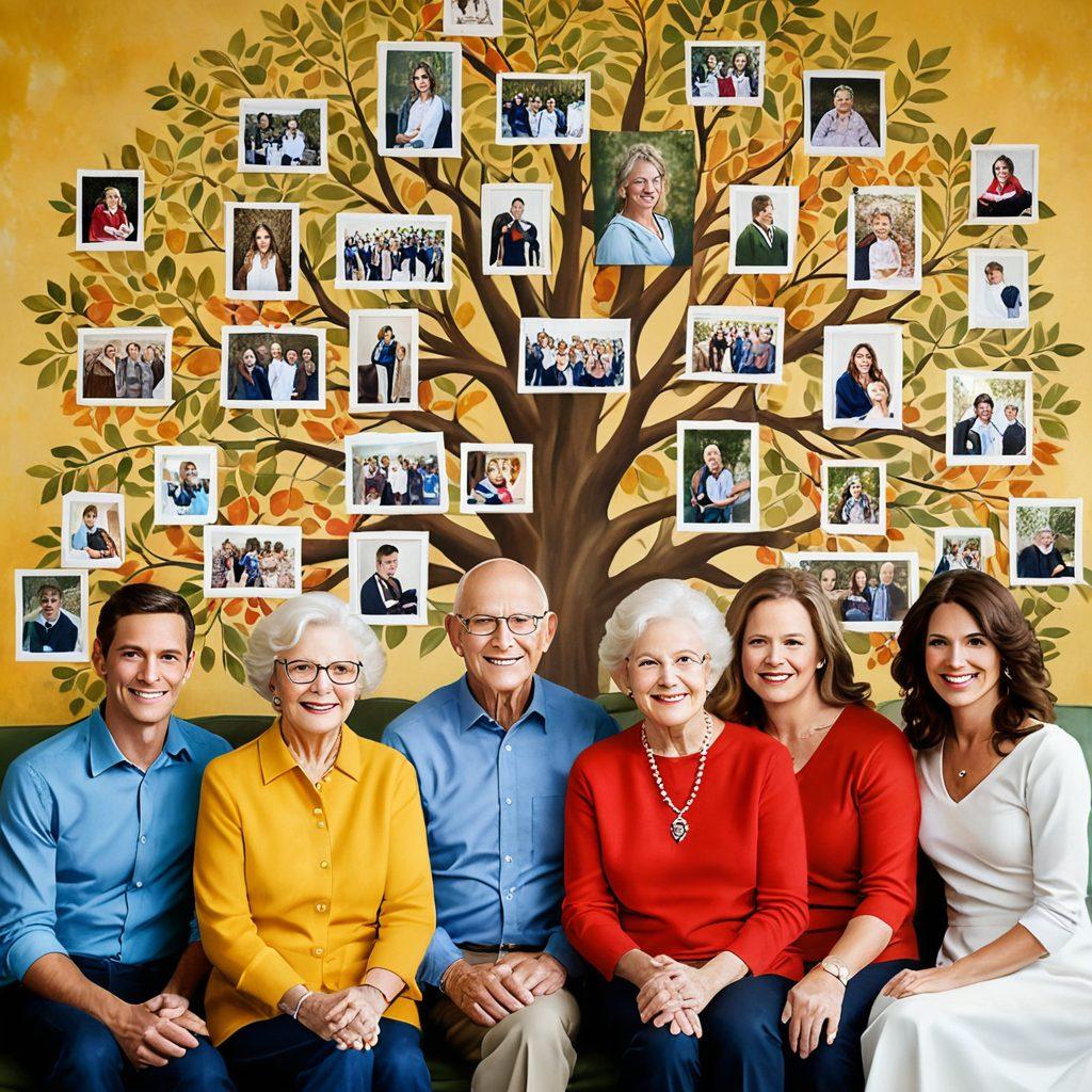 A multigenerational family tree intertwined with vivid scenes of family moments, such as holidays, traditions, and heartfelt gatherings. Ancestral photos blend seamlessly into modern snapshots, showing a tapestry of connections and shared legacy. Vibrant and warm colors dominate, evoking nostalgia and love. painting style. warm and inviting hues.