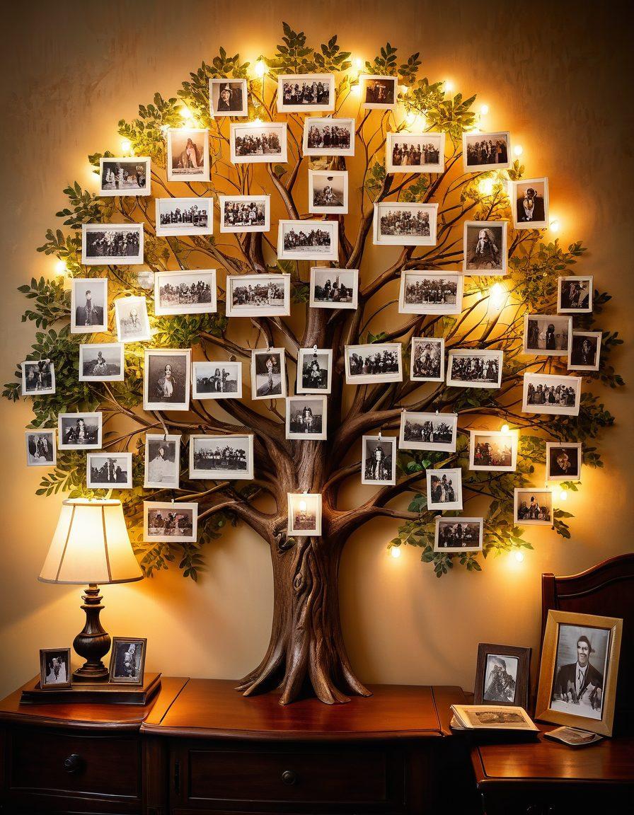 An old, wooden family tree with framed vintage photographs hanging from its branches, each image showing multi-generational family members sharing hugs and laughter. The background shows a cozy room with an antique map and genealogy charts. Warm and soft lighting highlights the emotional connections among them. painting. vibrant colors. nostalgic atmosphere.